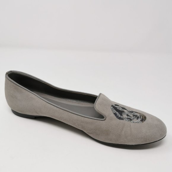 Alexander McQueen Grey Suede Flats Loafers With Sequin Skulls - Picture 4 of 10